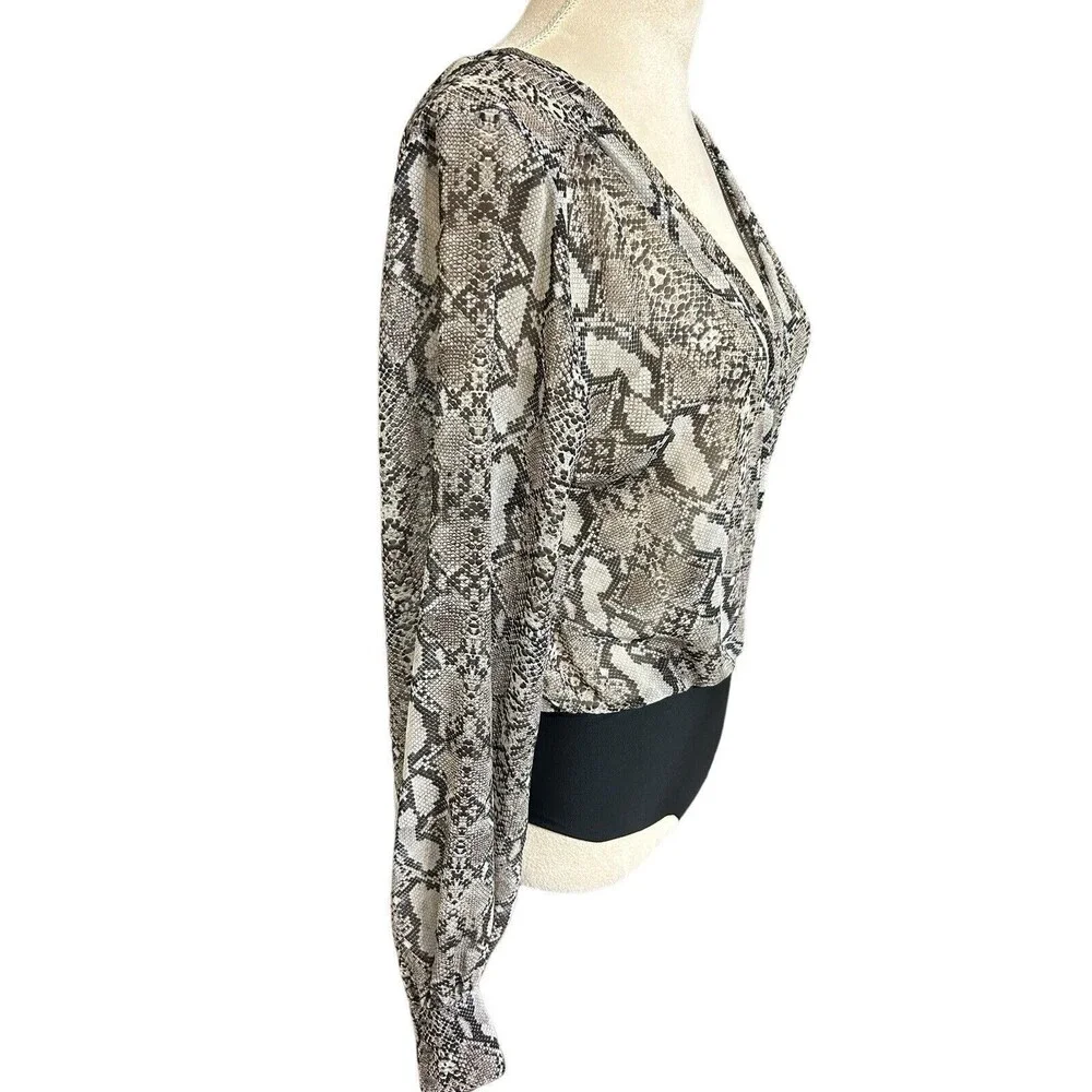 Zara Womens Sheer  Brown Black Bodysuit Snake Print Chiffon Long Sleeves Top  M